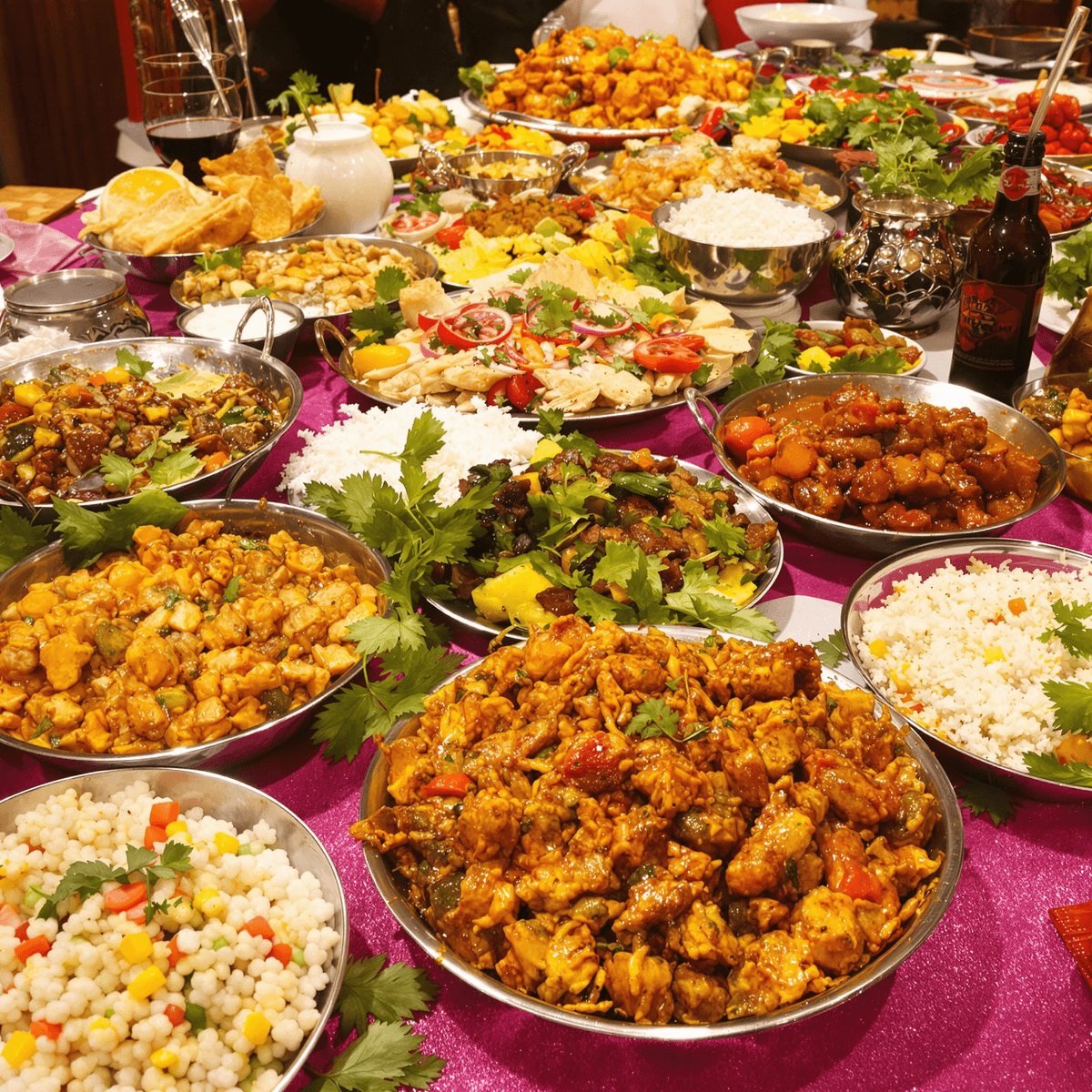 A colorful spread of vegetarian South Indian and fusion dishes arranged on a banquet table, adorned with decorative utensils and fresh herbs, set in a warm, inviting atmosphere.