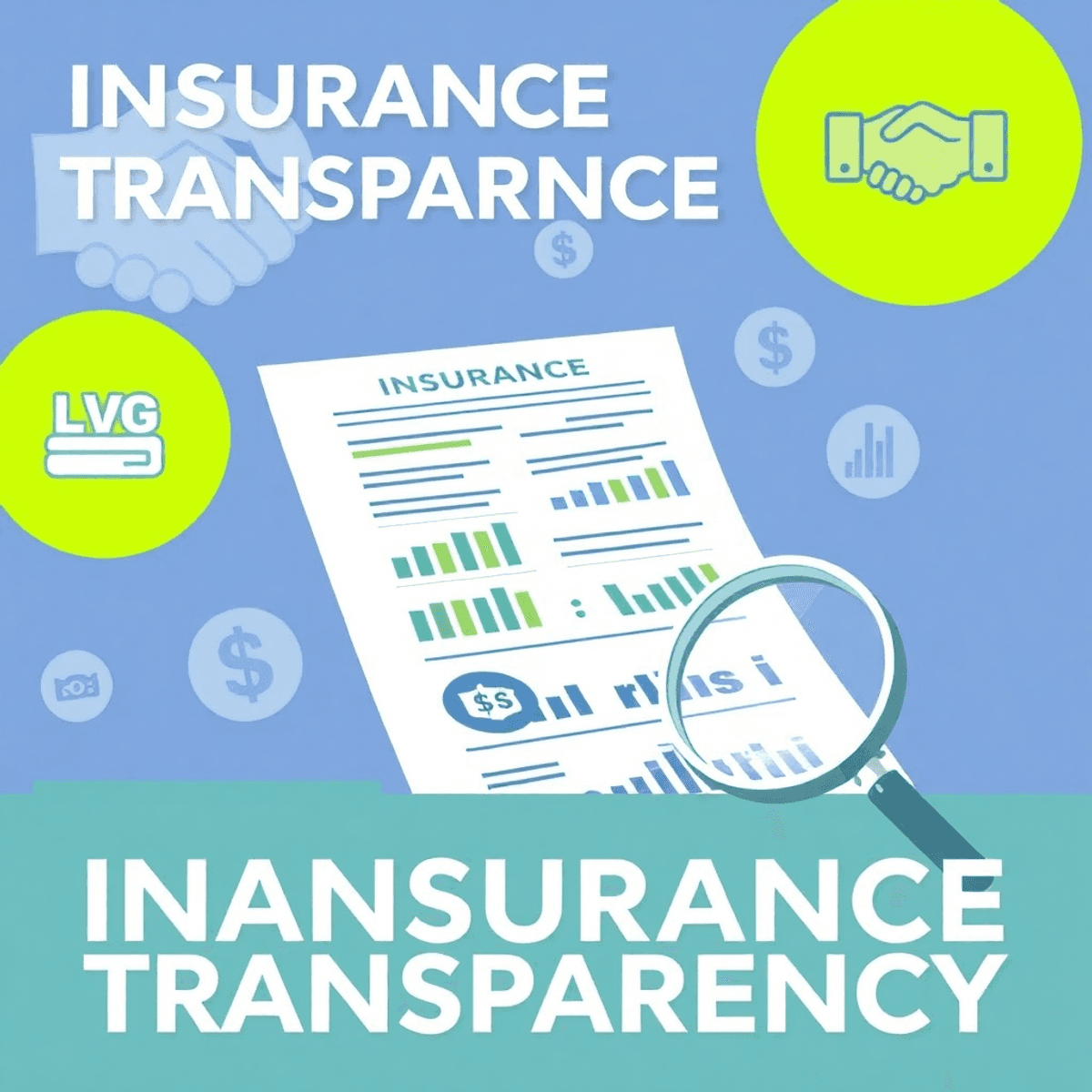 An organized document with graphs and charts on claims data, surrounded by symbols of trust like a handshake and magnifying glass, in a professional blue and green color scheme.