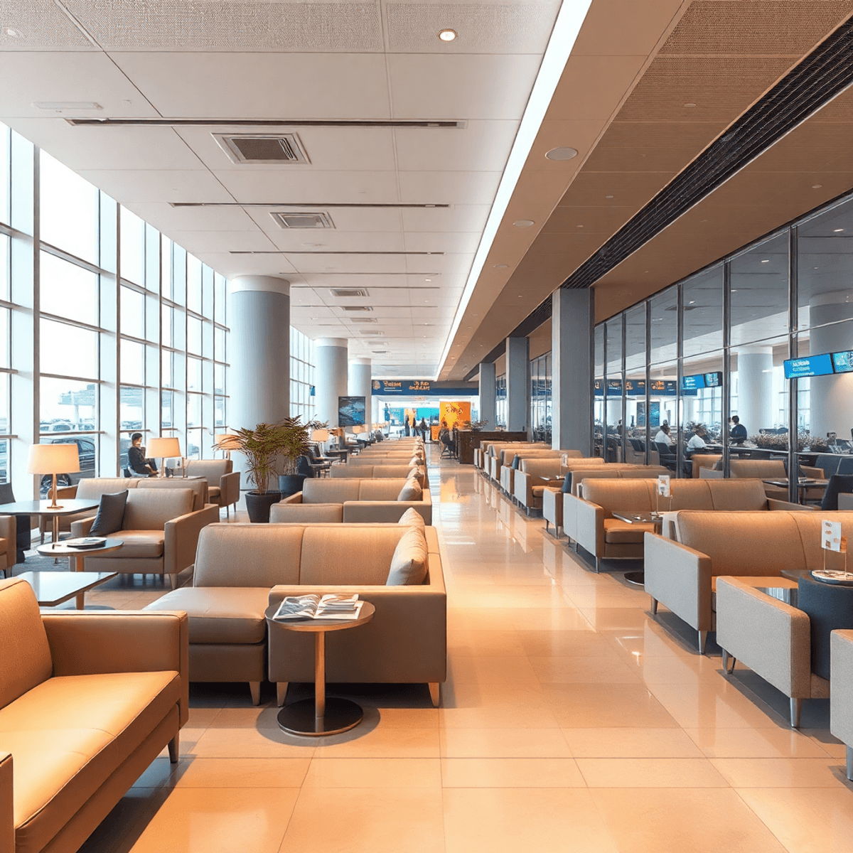 A luxurious airport lounge with comfortable seating, stylish decor, soft lighting, and amenities like food and beverages, creating a serene and relaxing atmosphere.