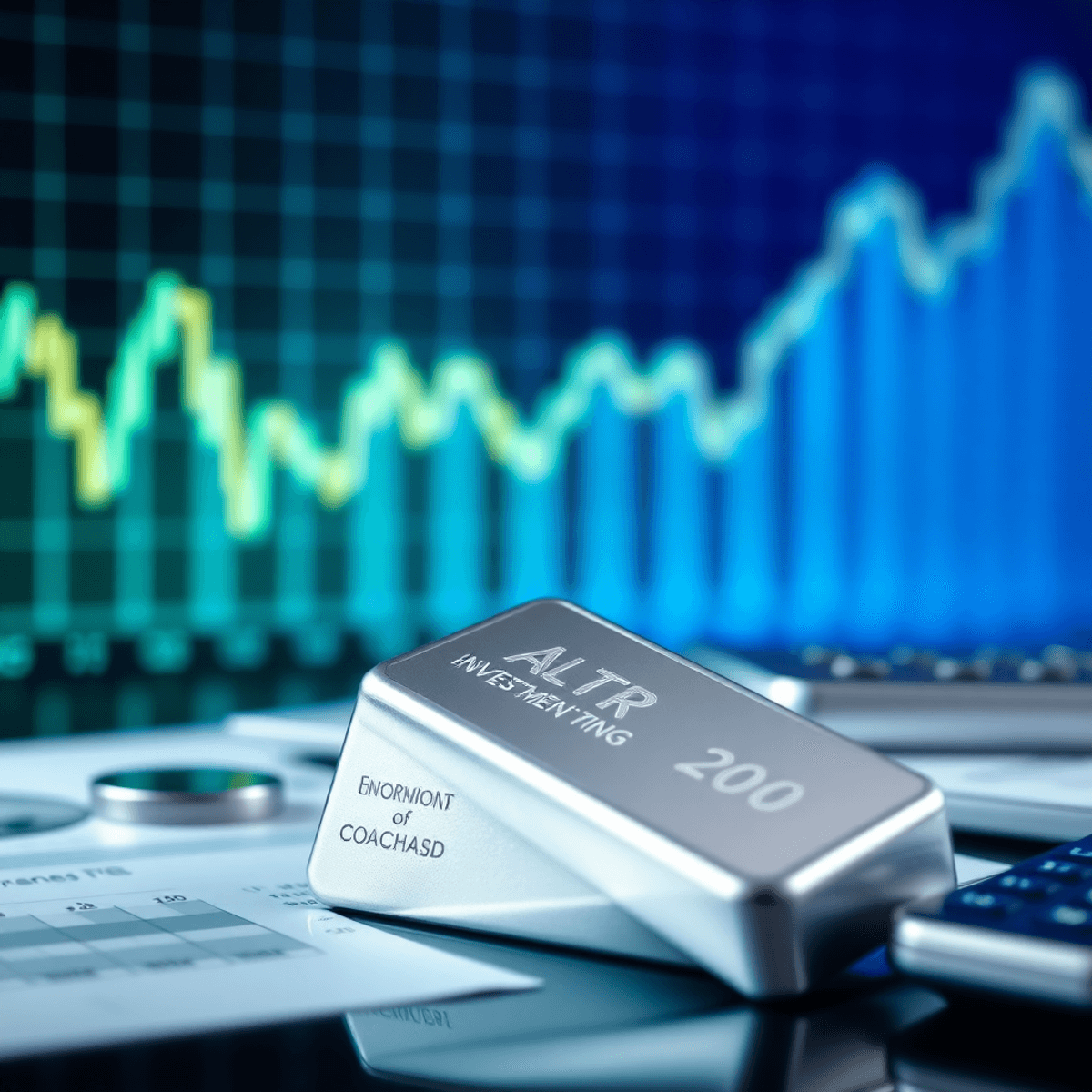 A silver coin and bar in focus, with a blue stock market chart showing upward trends in the background, alongside a calculator and financial documents.