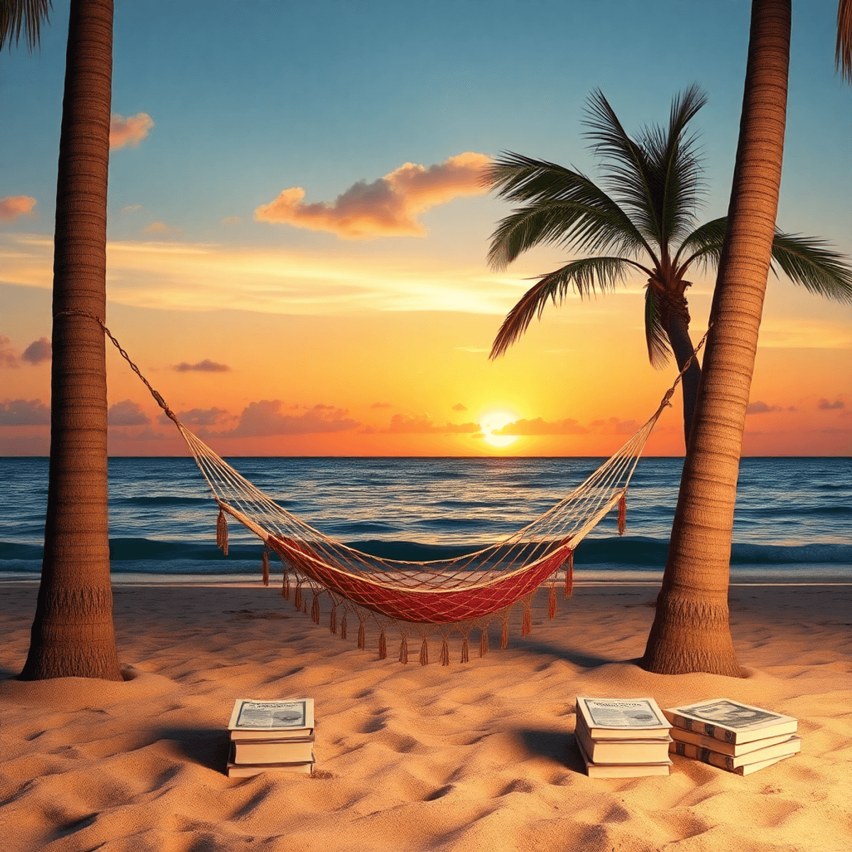 A tranquil beach at sunset with a hammock between palm trees, a stack of financial books nearby, evoking relaxation and the joy of financial independence.