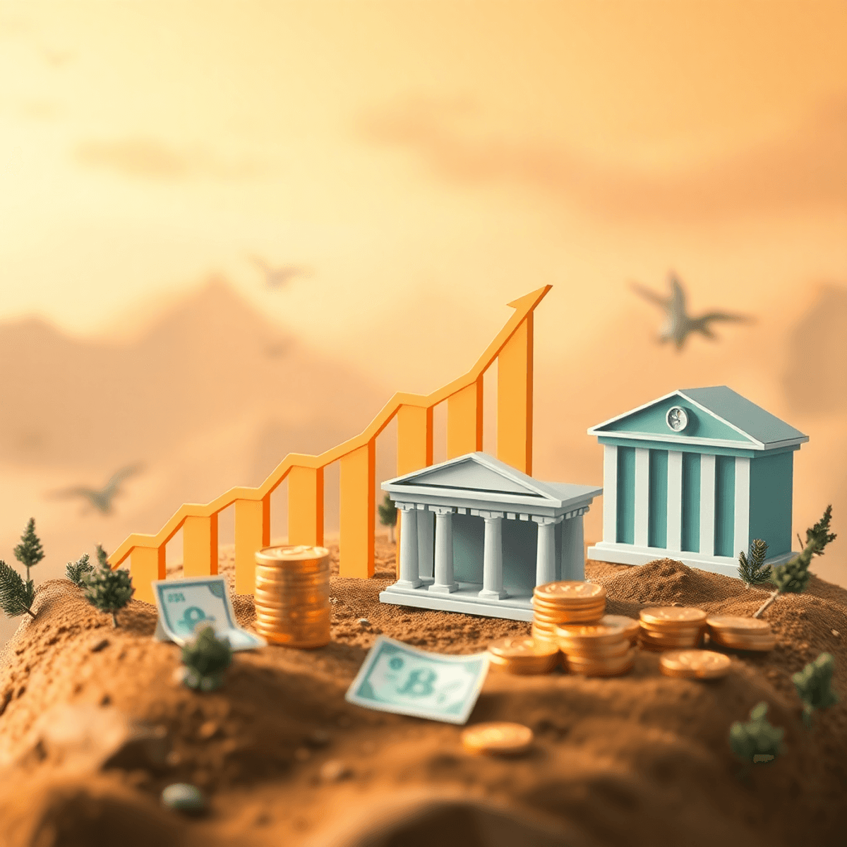 A financial landscape featuring rising graphs, bank buildings, currency notes, and coins, set against a warm background suggesting change and opportunity.