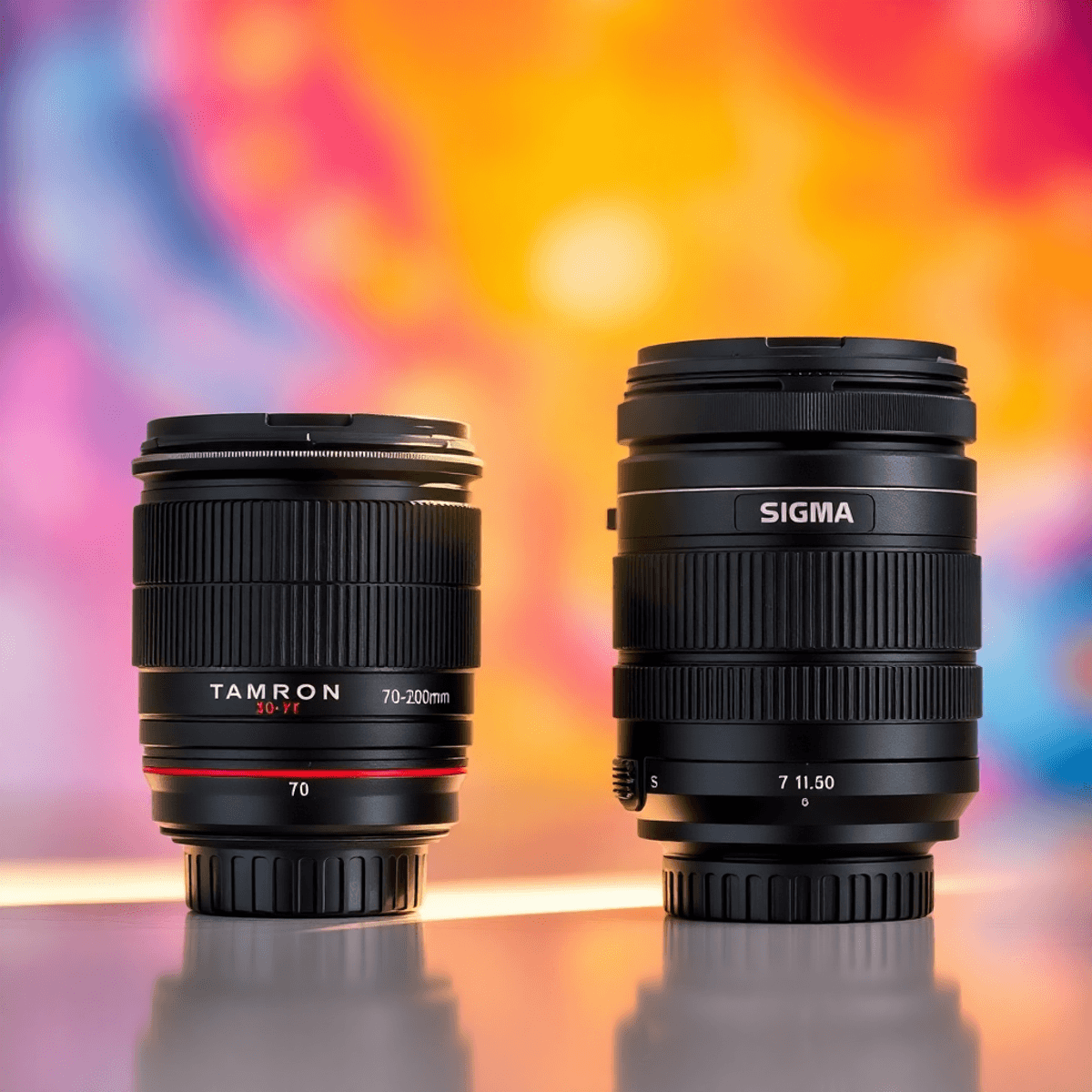 Tamron vs Sigma 70-200: Pros, Cons, and Best Choice A Tamron 70-200mm lens on one side and a Sigma 70-200mm lens on the other, showcased against a vibrant, blurred background with reflections on their glass elements.