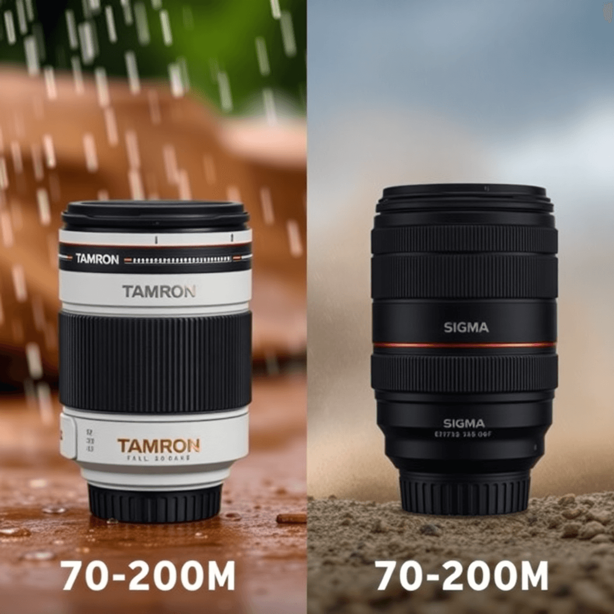 Tamron vs Sigma 70-200: Pros, Cons, and Best Choice A split image of a Tamron 70-200mm lens on one side and a Sigma 70-200mm lens on the other, set against an outdoor backdrop with hints of rain and dust.