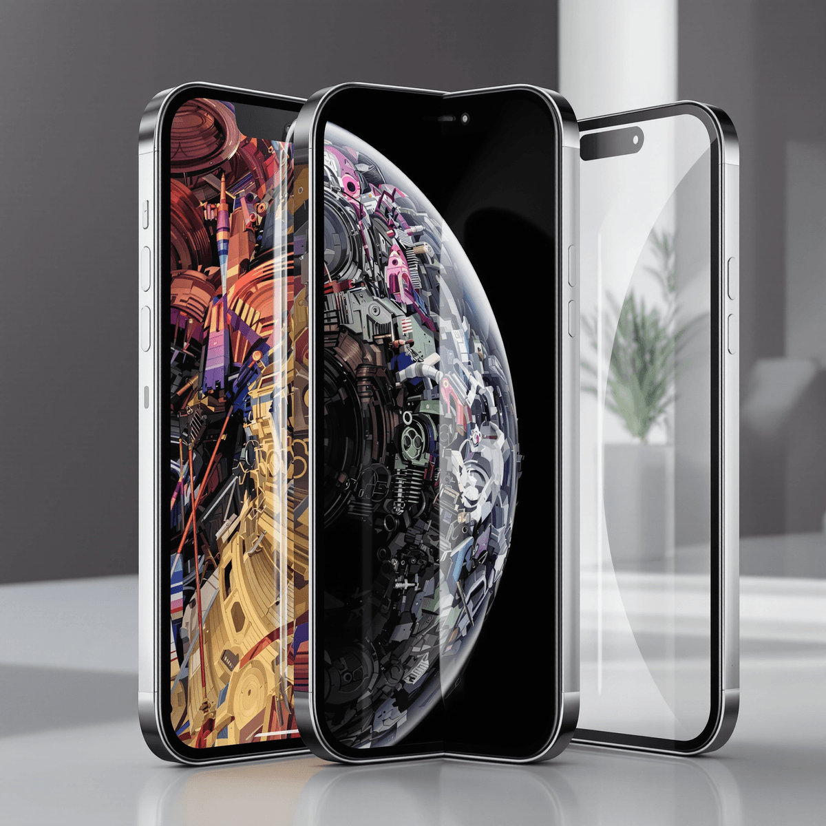 هاتف آيفون القابل للطي مفتوح جزئيًا، يظهر شاشة داخلية كبيرة مرنة وشاشة خارجية، مع تسليط الضوء على الإطار المصنوع من التيتانيوم والزجاج ultra-thin على خلفية بسيطة.