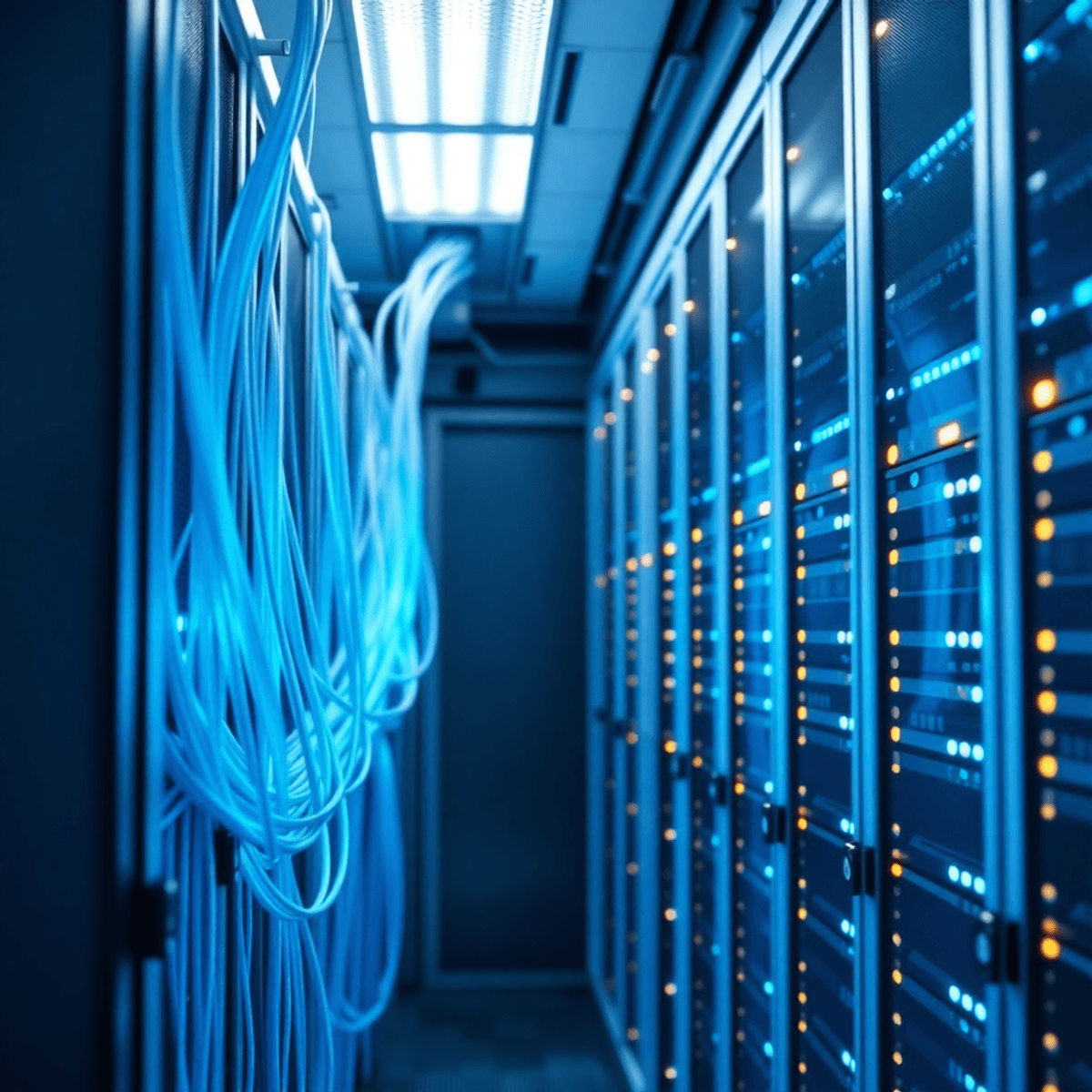 Intérieur d’un centre de données moderne avec des câbles réseau lumineux et des baies de serveurs élégantes, éclairées par des câbles à fibre optique bleus et Ethernet.