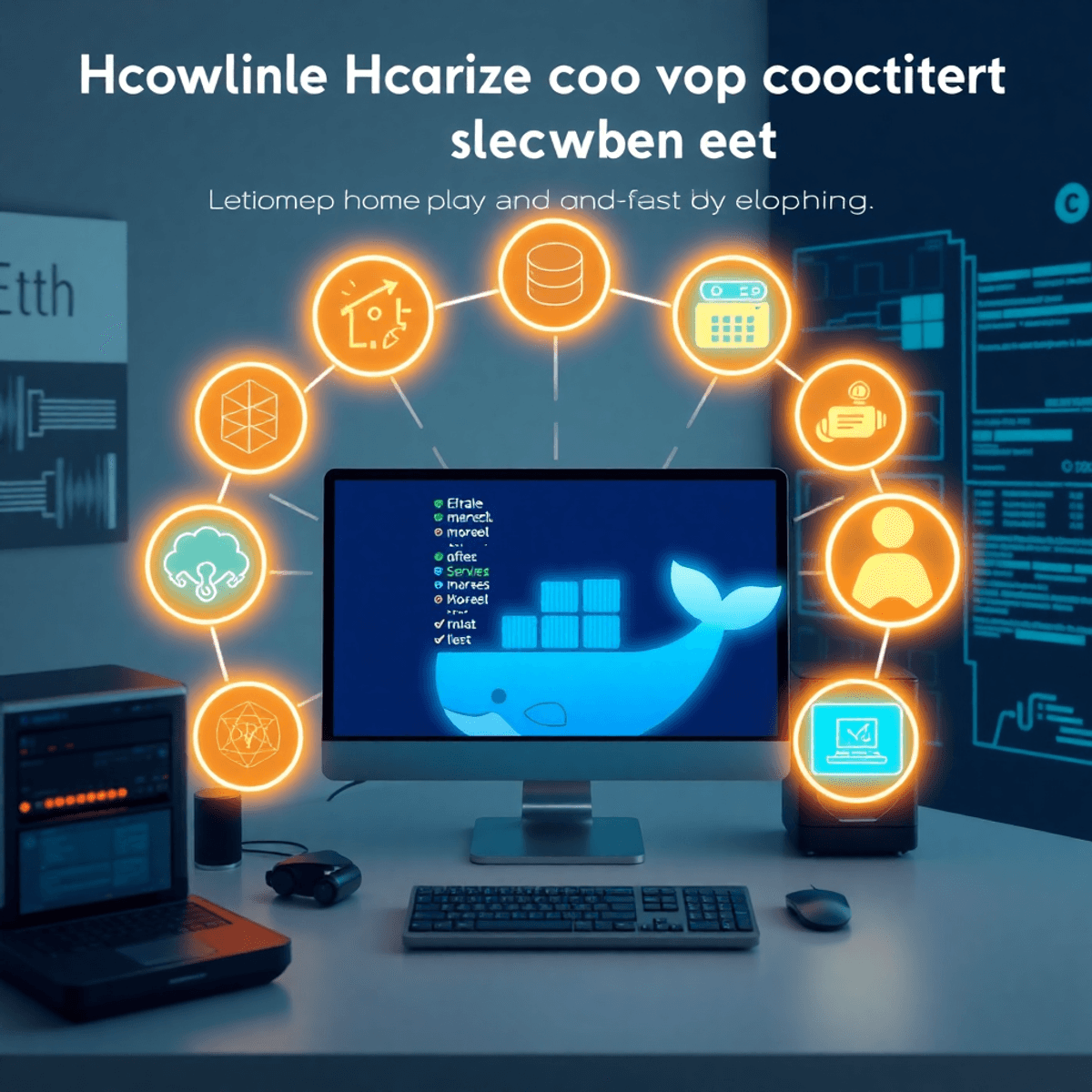 Un ordinateur élégant exécutant des conteneurs Docker, affichant des icônes lumineuses de surveillance du temps de fonctionnement telles que des signaux réseau et des alertes, sur un fond épuré d’inspiration technologique.
