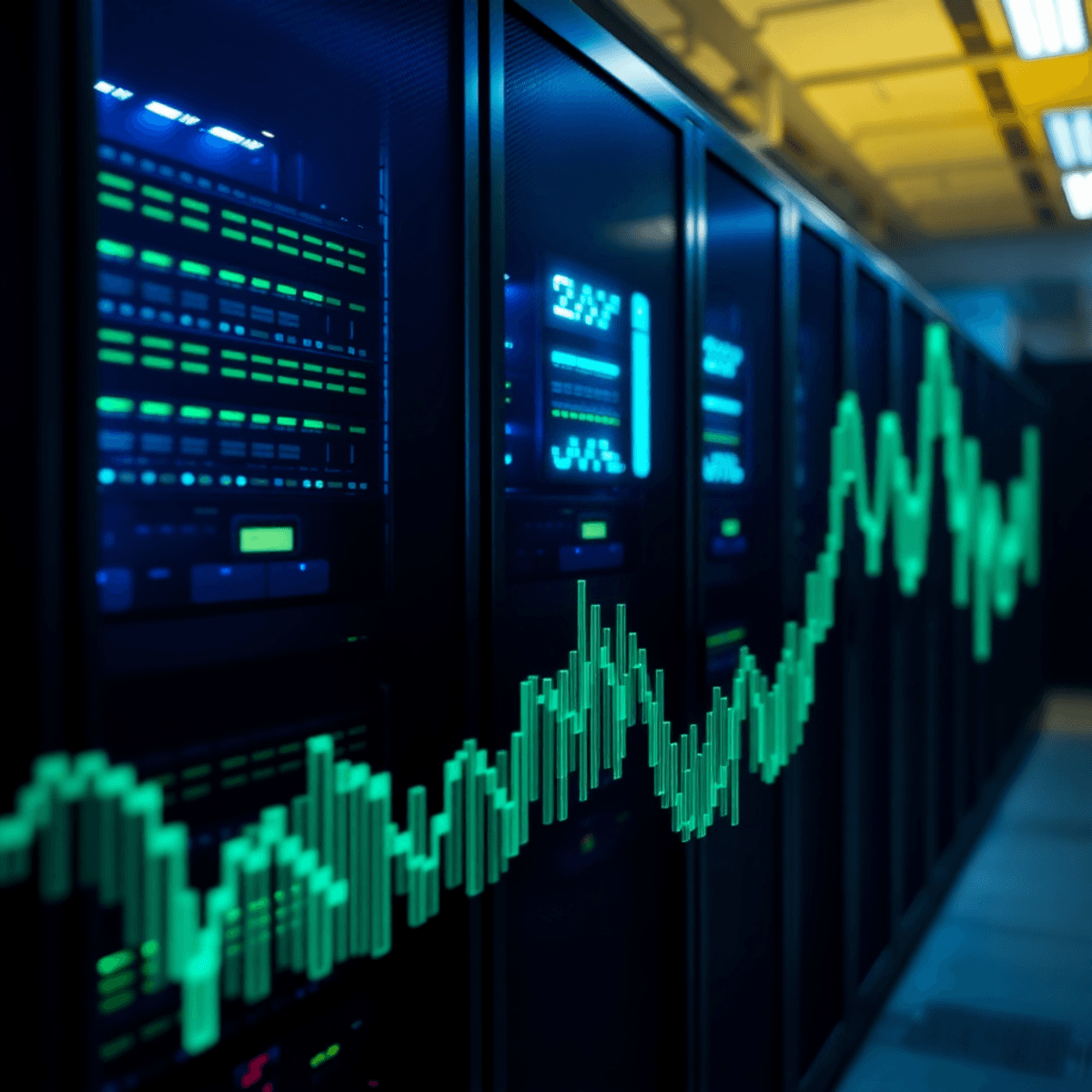 Serveur Linux moderne dans une baie de centre de données, éclairage d’ambiance bleu et vert, surimpression de formes d’ondes numériques abstraites symbolisant la surveillance des données et la technologie.