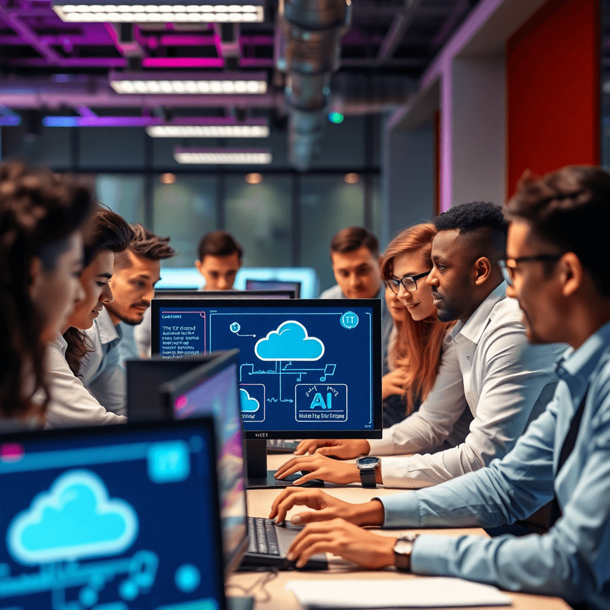Des professionnels collaborent intensément autour d’écrans d’ordinateur affichant des schémas réseau et des icônes de cloud dans un espace de travail moderne et dynamique.