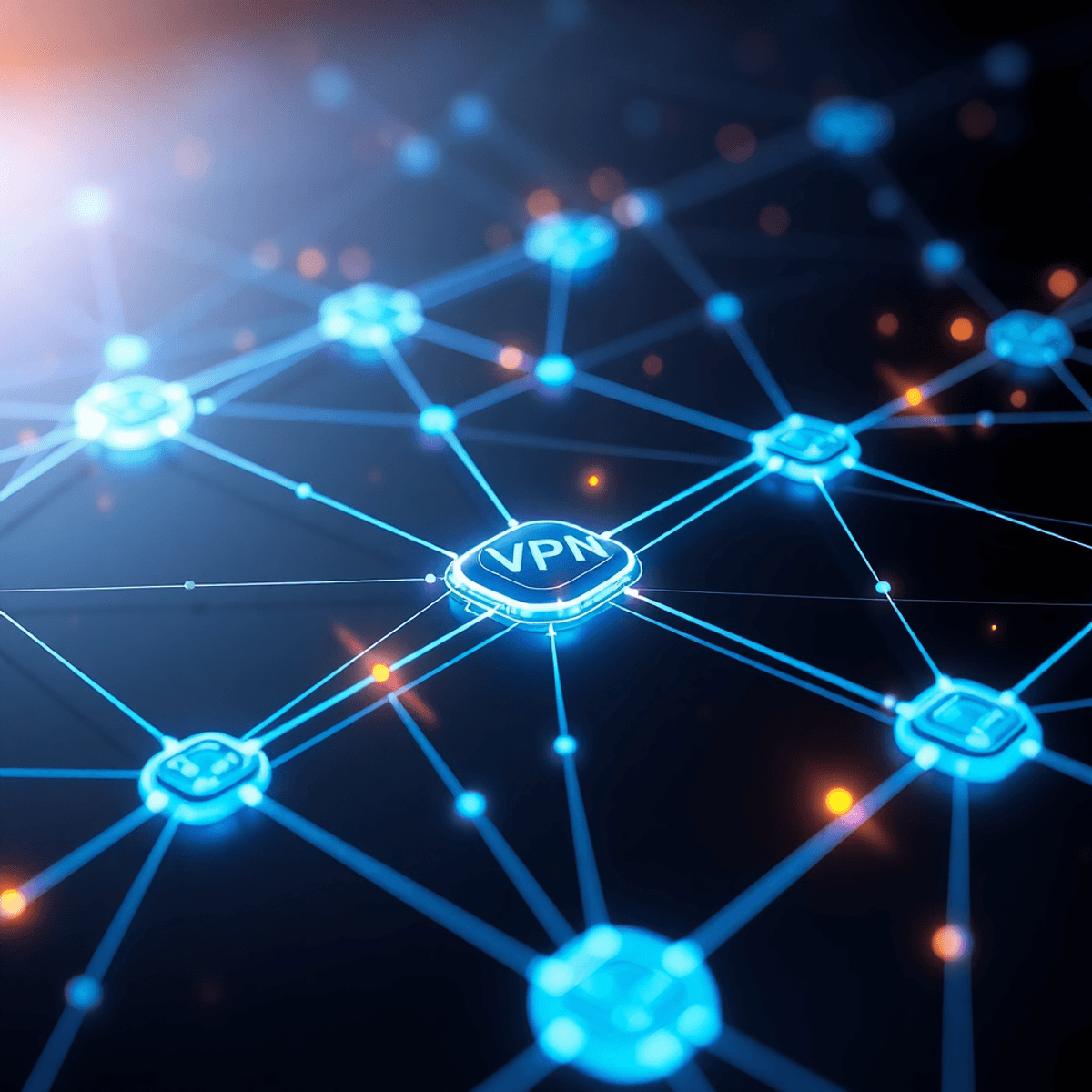 Réseau numérique futuriste en maillage avec des nœuds lumineux et des voies de données sécurisées sur un fond sombre, illustrant des connexions VPN avancées et des échanges cryptés de pair à pair.
