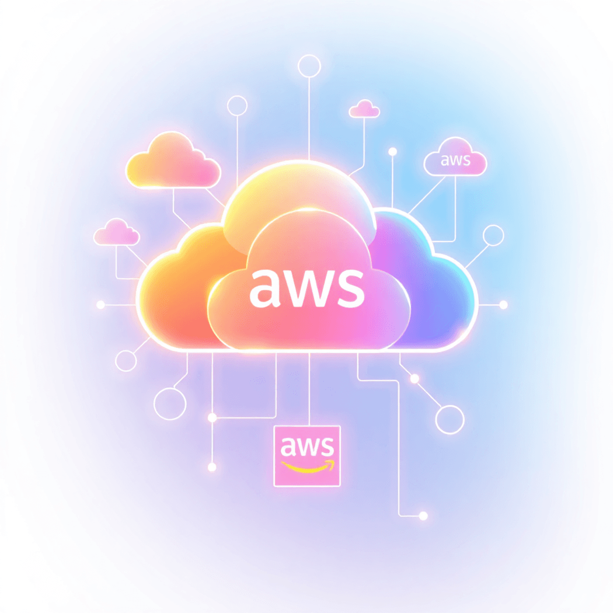 Illustration de nuages abstraits interconnectés et d'une infrastructure numérique avec des lignes lumineuses, symbolisant une architecture web évolutive sur un fond clair et épuré.