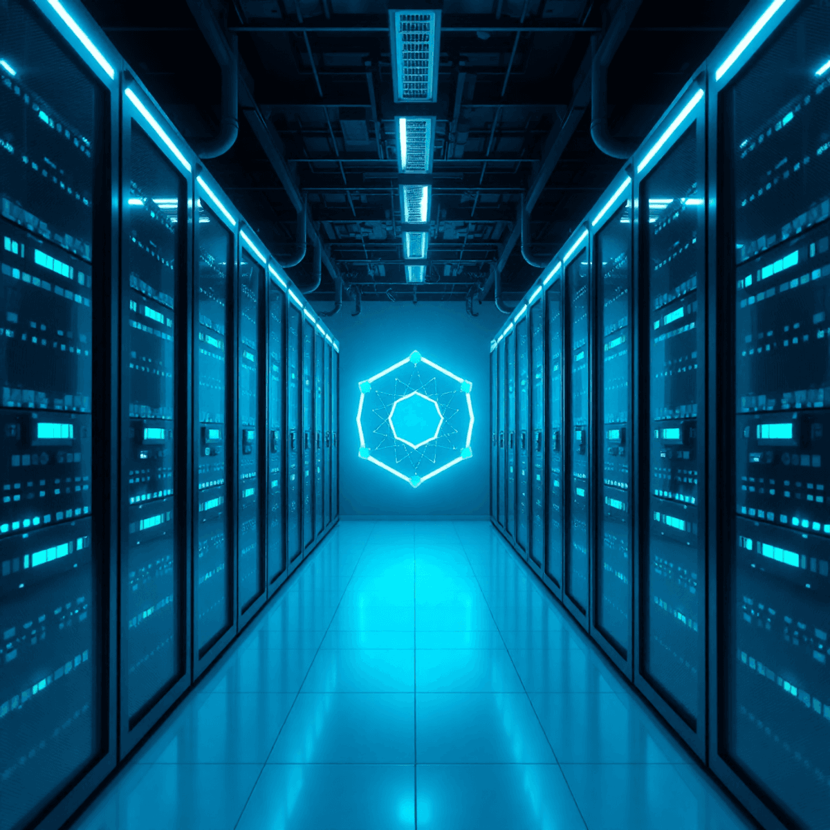 Une salle de serveurs élégante aux baies bleu-vert lumineuses, entourée de motifs hexagonaux abstraits et de nœuds numériques interconnectés symbolisant l’automatisation et la stabilité.