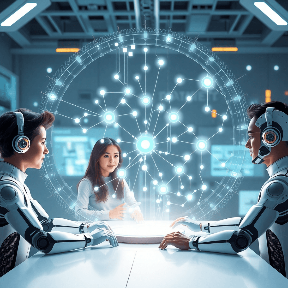 Espace de travail futuriste où des avatars d’IA variés collaborent autour d’une interface holographique affichant des nœuds interconnectés et des flux de données.
