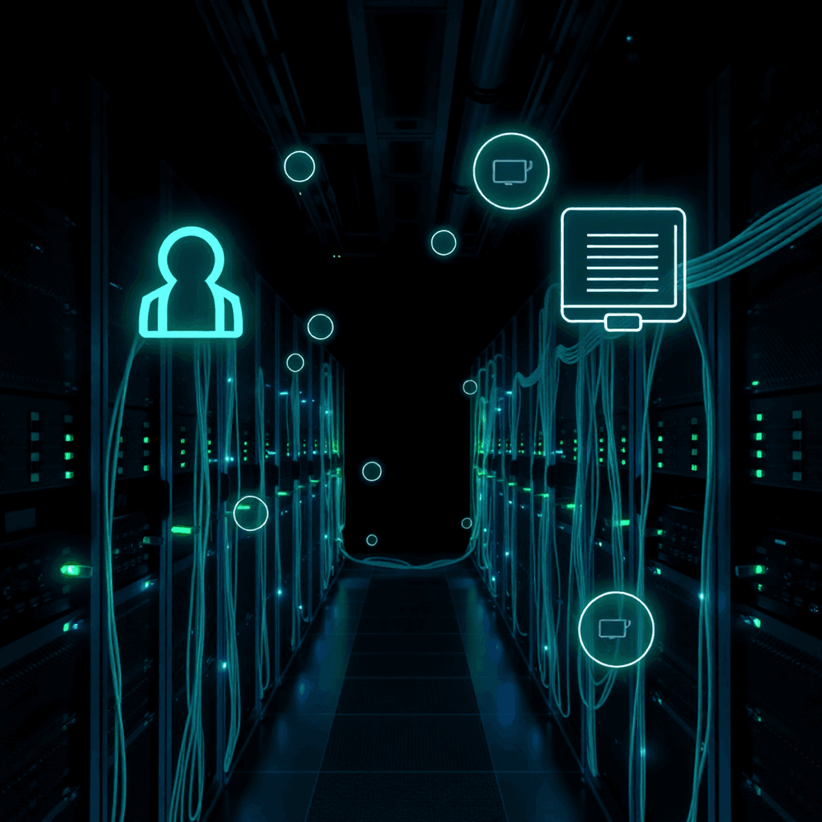 Salle de serveurs moderne avec des câbles verts et bleus lumineux connectés aux racks, sur lesquels sont superposés des symboles abstraits d’automatisation et de synchronisation du code.