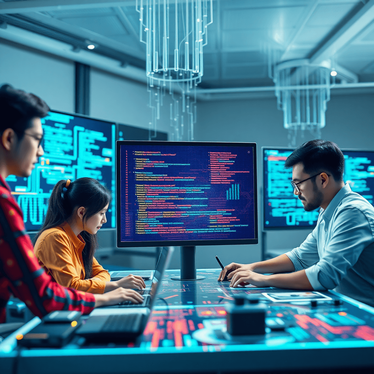 Des développeurs collaborent autour d'écrans holographiques affichant des motifs de code colorés et des flux de données dans un espace de travail logiciel futuriste.