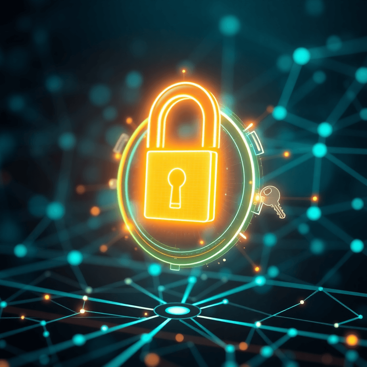Un cadenas numérique lumineux avec des clés flottantes et des lignes de réseau abstraites dans des tons bleus et verts, symbolisant l'accès SSH sécurisé et la gestion des identités.