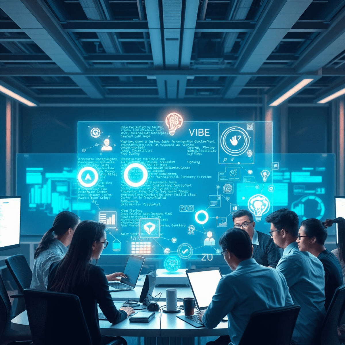 Un espace de travail futuriste où des développeurs collaborent autour d’une interface holographique affichant des blocs de code lumineux et des symboles d’IA.
