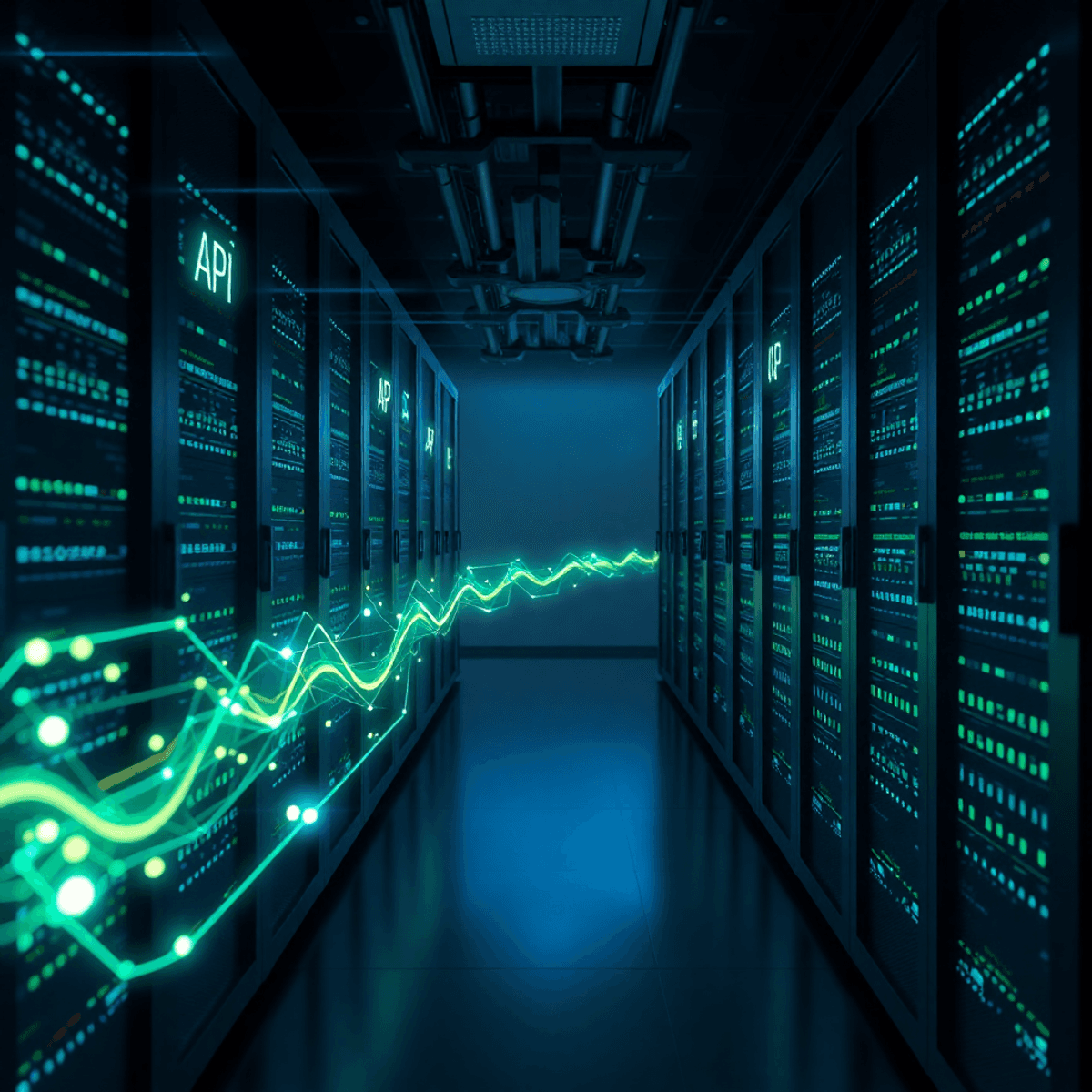 Salle de serveurs moderne avec des flux de données lumineux reliant des icônes abstraites d'API et de surveillance sur un fond bleu-vert foncé, symbolisant le suivi du système en temps réel.