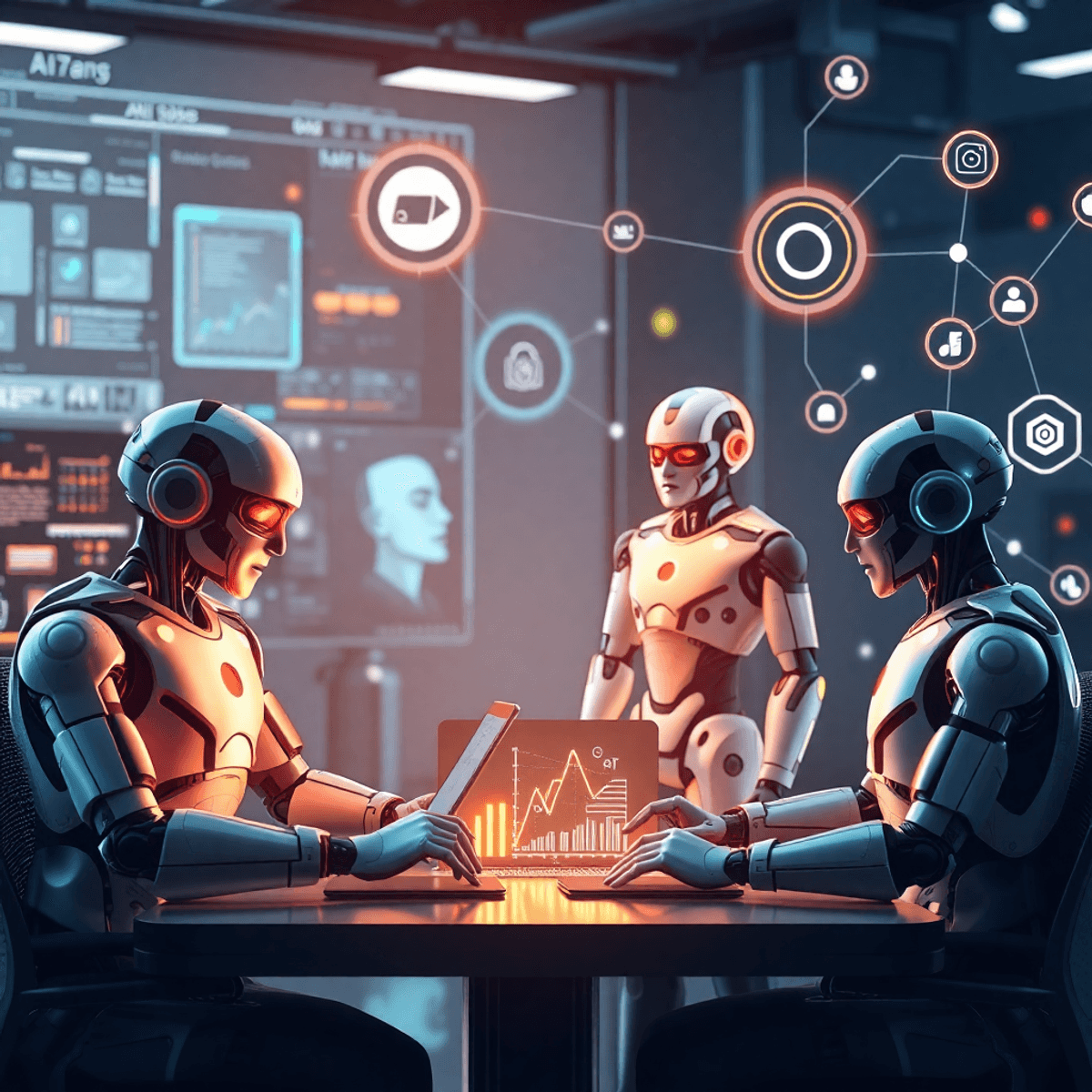 Une équipe de développement logiciel collabore avec des robots humanoïdes à l’apparence lumineuse et des icônes numériques dans un espace de travail technologique épuré, doté d’interfaces holographiques et de nœuds interconnectés.