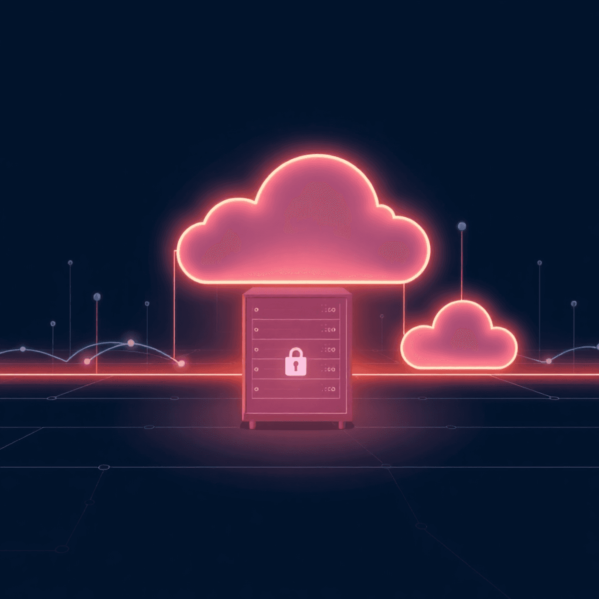Une illustration numérique représentant un serveur local relié de manière sécurisée à un cloud souverain via un pont réseau lumineux, avec des nuages abstraits et des nœuds de réseau dans un environnement technologique épuré.