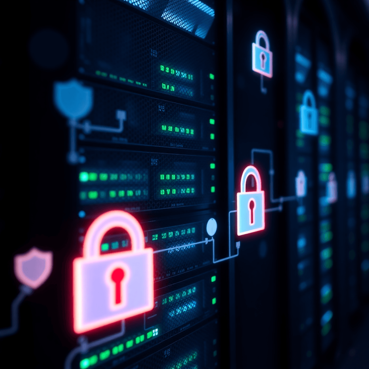 Gros plan sur une baie de serveurs Linux moderne, illuminée par des voyants LED bleus et verts dans un centre de données sombre, entourée de symboles numériques de sécurité brillants comme des boucliers et des cadenas.