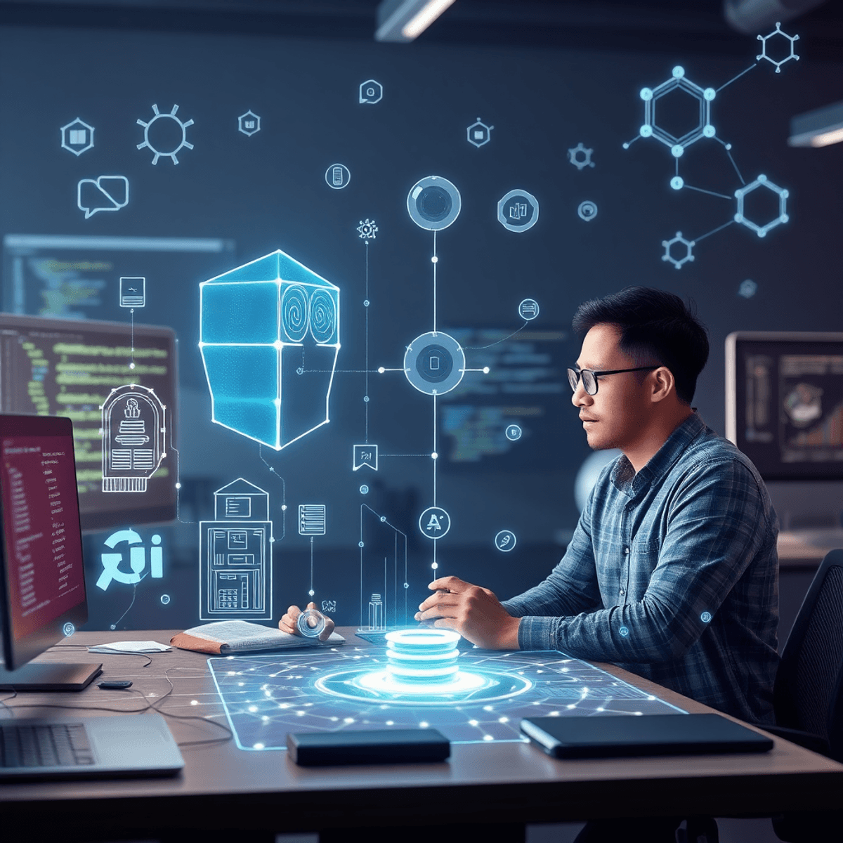 Deux ingénieurs collaborent autour de hologrammes lumineux représentant des modèles d’IA et l’architecture backend dans un espace de travail moderne rempli d’icônes de codage et d’équipement.