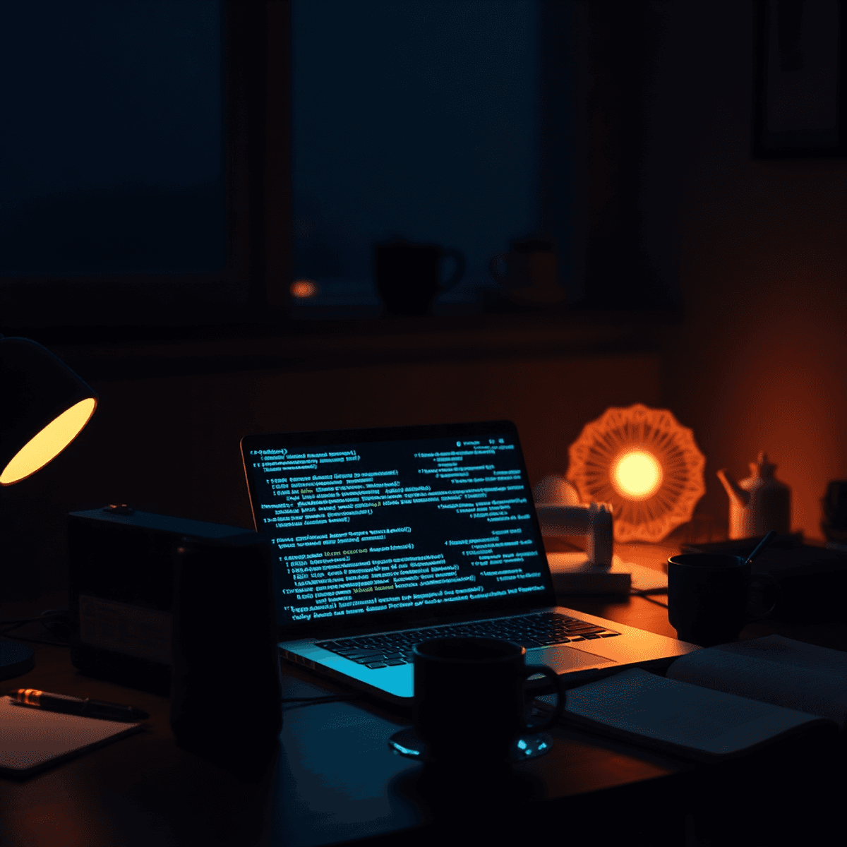 Espace de travail faiblement éclairé la nuit avec un ordinateur portable affichant du code lumineux, des tasses de café et des notes éparpillées, capturant l’intensité d’un développement d’application rapide piloté par l’IA.