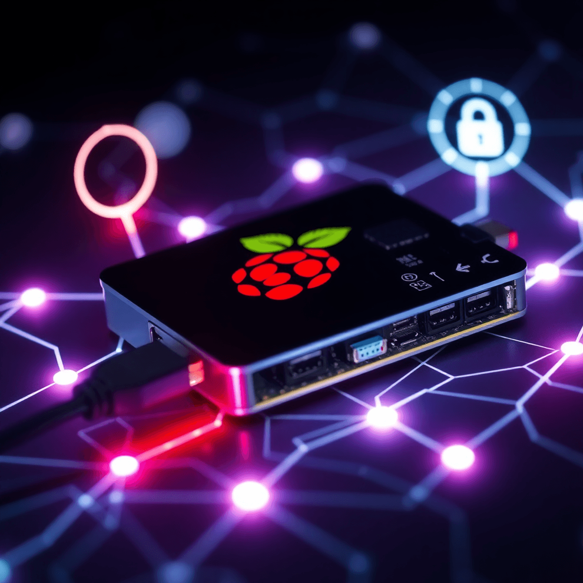 Gros plan sur un Raspberry Pi avec des câbles HDMI et USB, des symboles réseau lumineux et des lignes numériques sur un fond sombre représentant l’accès à distance sécurisé et la cybersécurité.