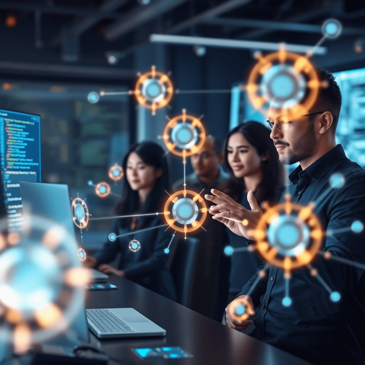 Espace de travail futuriste avec des flux de code holographiques, des orbes d'IA lumineuses et des développeurs collaborant sans effort dans un environnement high-tech.