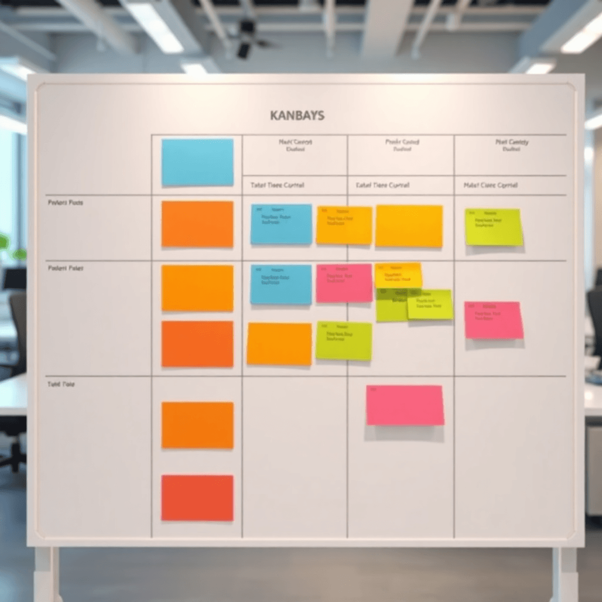 Un tableau Kanban soigné avec des colonnes et des cartes colorées dans un bureau moderne, mettant en avant l’efficacité du flux de travail et l’organisation, sans texte visible.