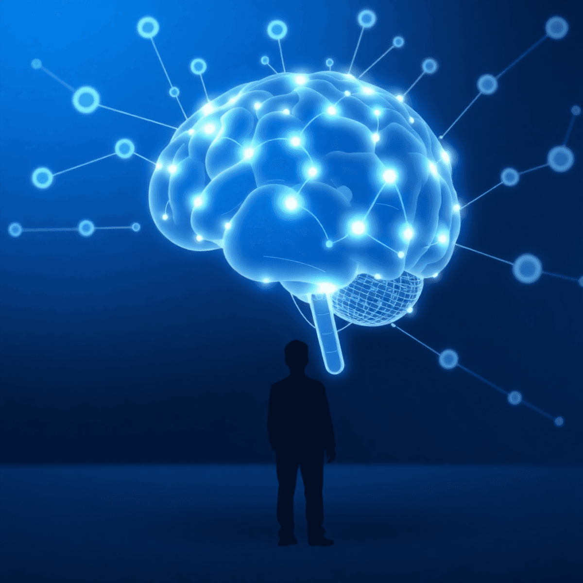 Cerveau abstrait d’IA lumineux avec des nœuds de données interconnectés et des lignes de réseau, une silhouette discrète d’icône professionnelle s’estompe dans une scène numérique futuriste bleu-blanc épurée.
