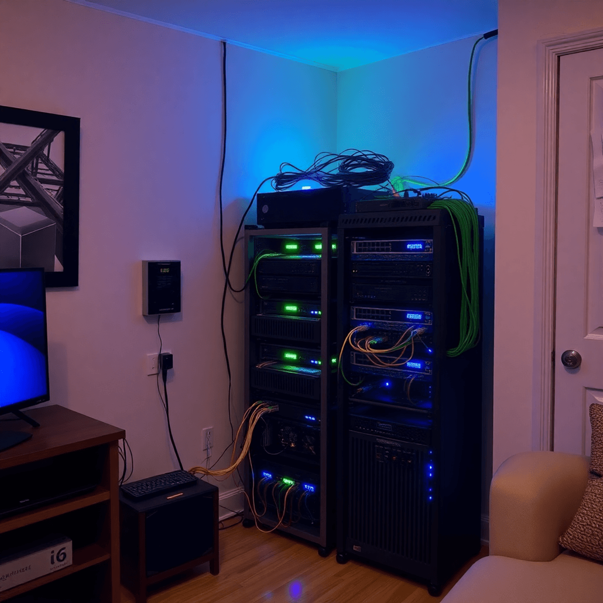 Salle serveur domestique accueillante avec une installation compacte de mini-datacenter, des câbles réseau colorés, des voyants LED bleus et verts, et un espace de travail organisé pour l'innovation en laboratoire DIY à la maison.