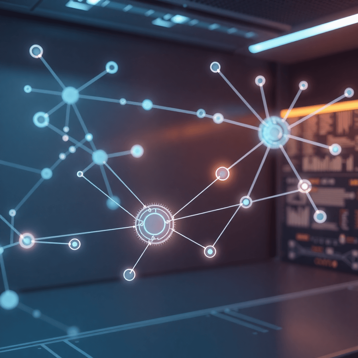 Espace de travail numérique futuriste avec circuits lumineux et nœuds interconnectés symbolisant une intégration fluide de l’IA et des outils pour développeurs.