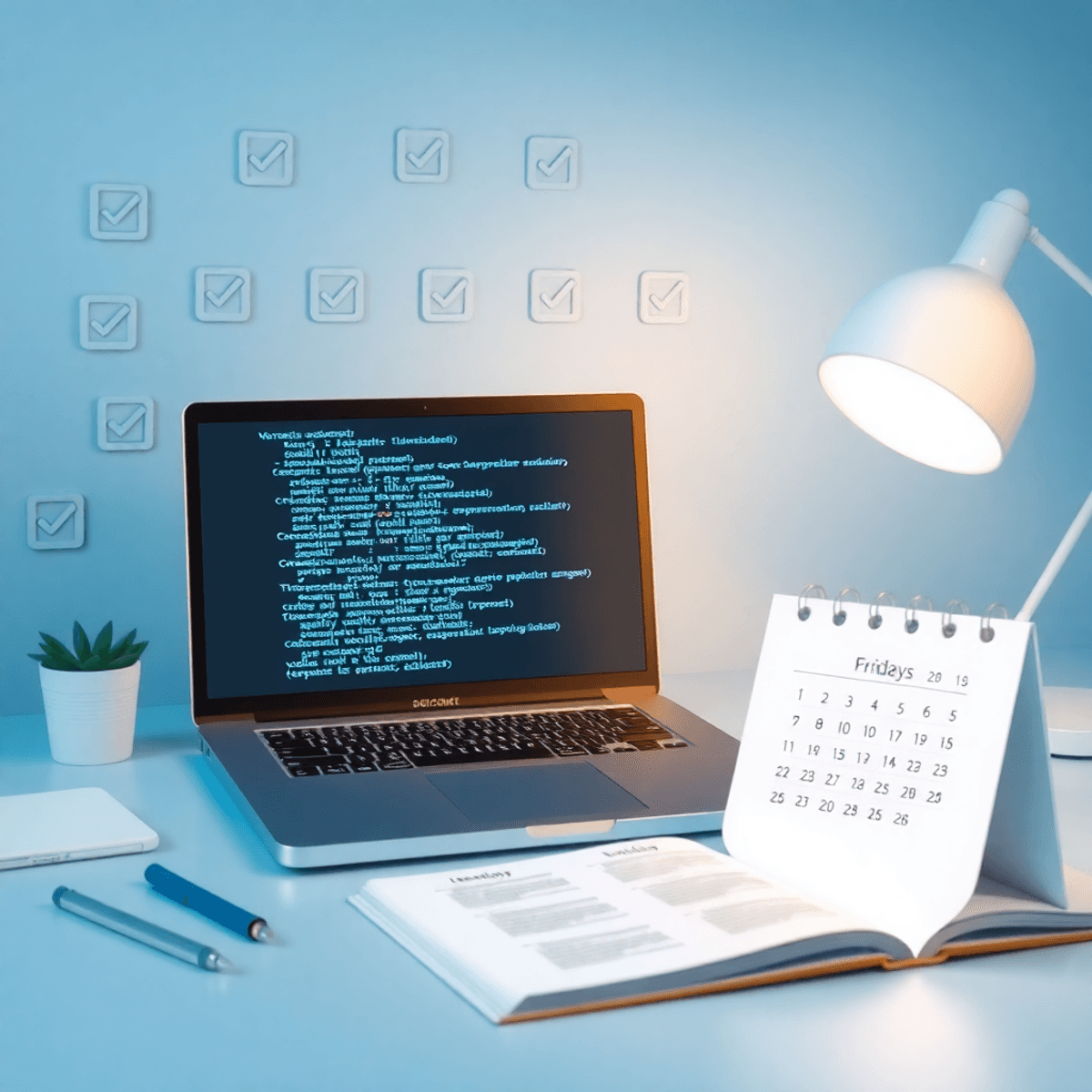 Un espace de travail ordonné avec un ordinateur portable affichant du code abstrait, des icônes de liste de contrôle, un calendrier sur vendredi et un éclairage doux symbolisant la concentration et la gestion des risques.