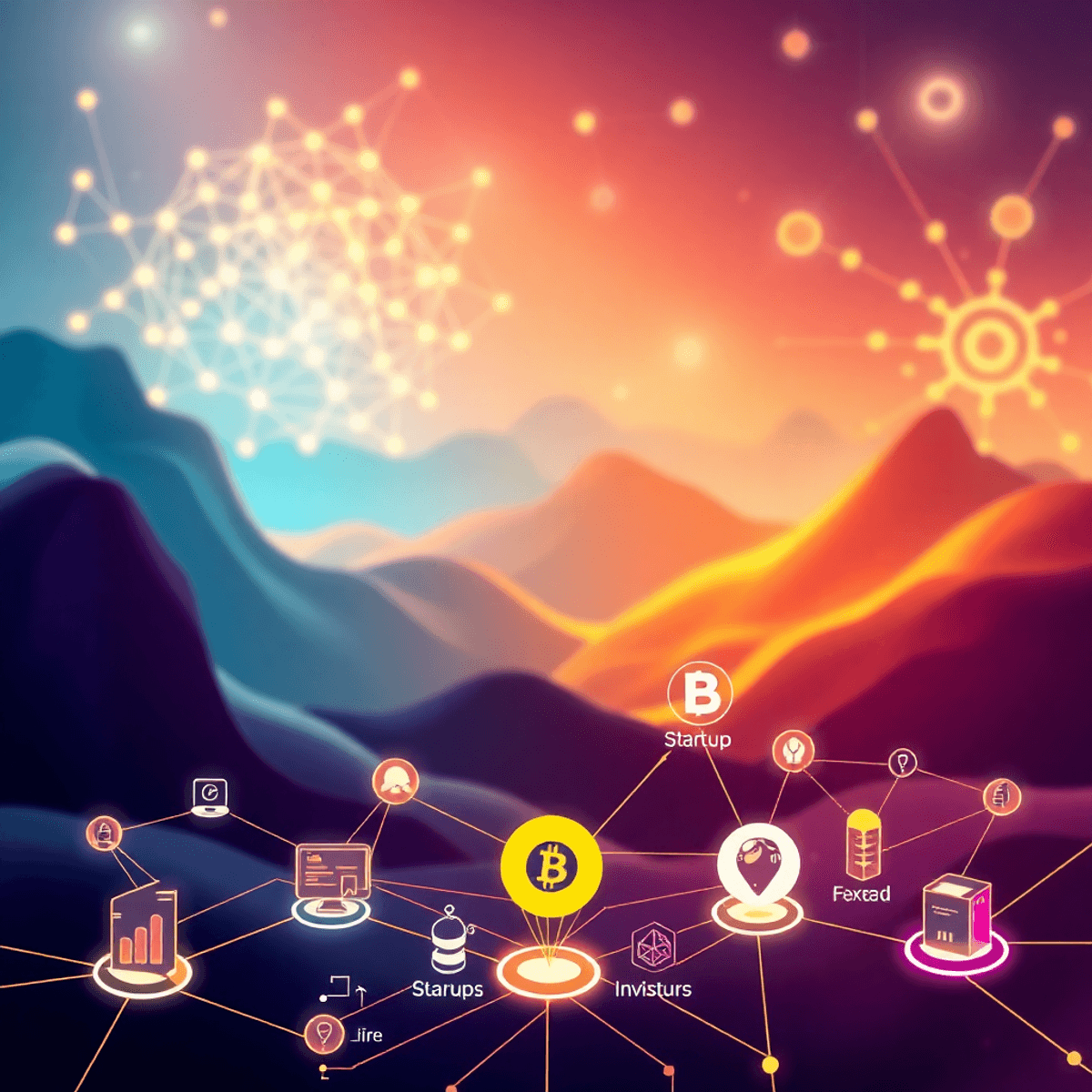 Un paysage numérique dynamique avec des réseaux neuronaux lumineux, des nœuds interconnectés et des icônes stylisées de startups et d’investisseurs reliés par des flux de données.