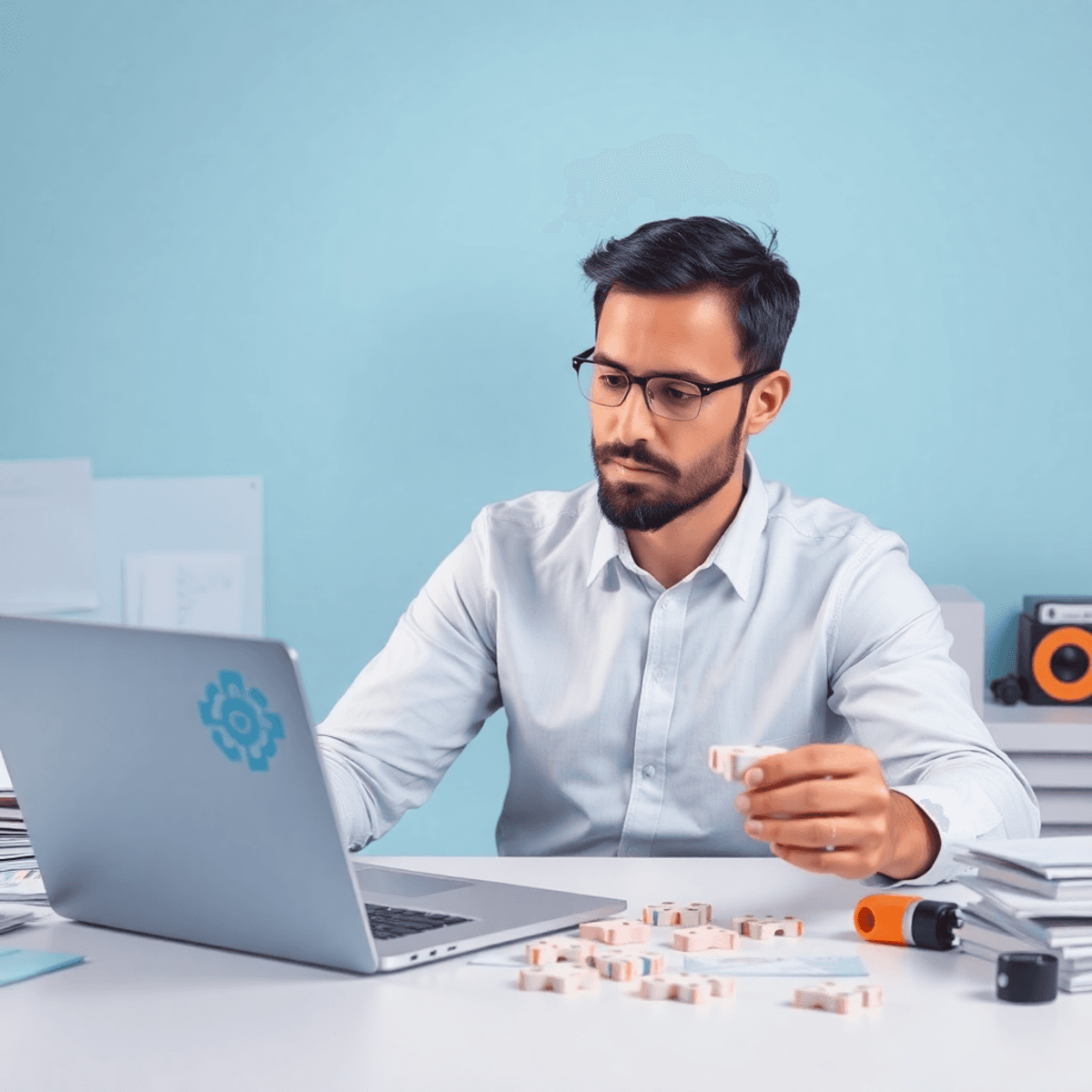 Un espace de travail propre avec un ordinateur portable moderne affichant des organigrammes colorés, des papiers éparpillés et une personne concentrée qui organise virtuellement des pièces de puzzle symbolisant les quatre types de documentation.