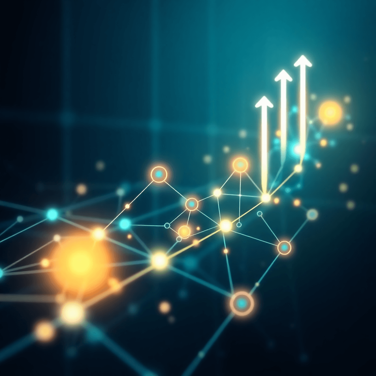 Concept de marketing digital futuriste avec des nœuds lumineux interconnectés, des flux de données et des flèches orientées vers le haut sur un arrière-plan technologique bleu-vert élégant.