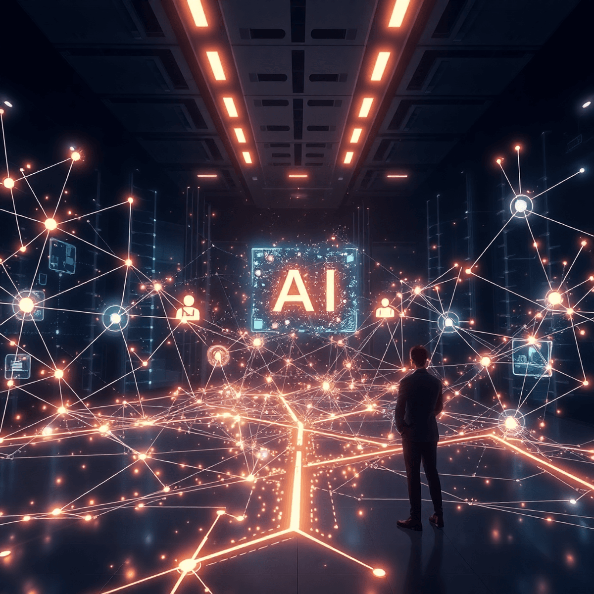 Réseau lumineux de nœuds interconnectés avec des assistants IA holographiques interagissant dans un environnement numérique élégant et moderne, symbolisant le flux de données piloté par l’IA.