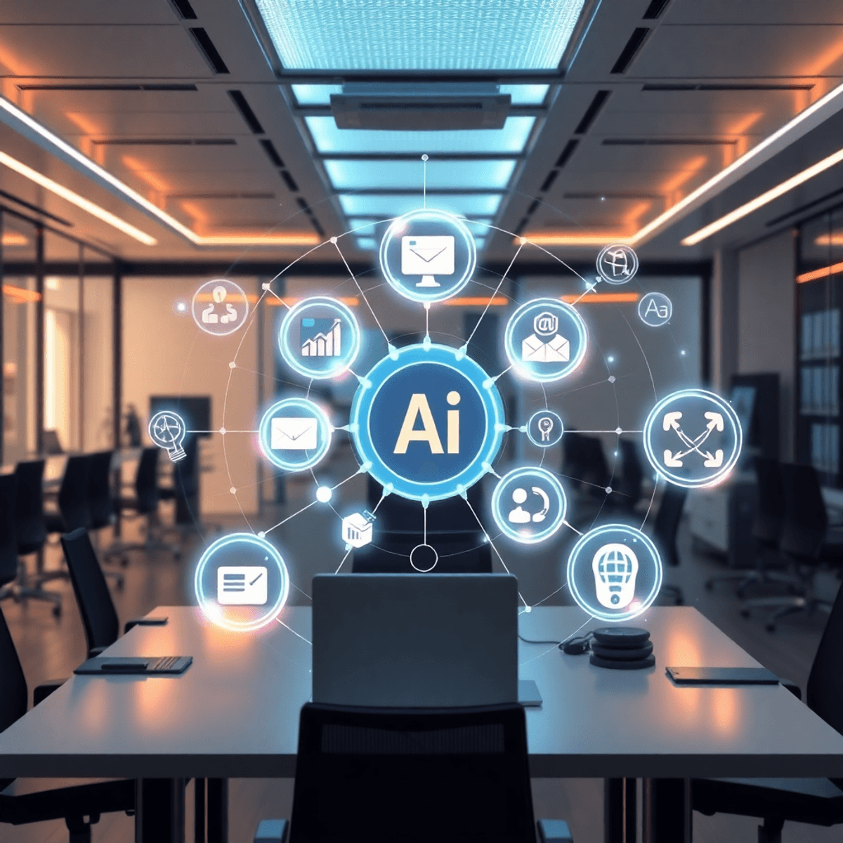 Bureau futuriste avec des icônes d’IA holographiques lumineuses gravitant autour d’un hub central, symbolisant la coordination des tâches marketing dans un environnement technologique épuré.