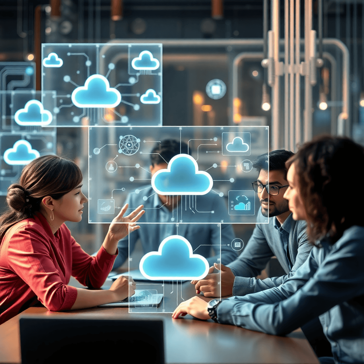 De jeunes professionnels collaborent autour d’écrans numériques transparents affichant des symboles de cloud computing et des flux de données dans un espace de travail futuriste et high-tech.