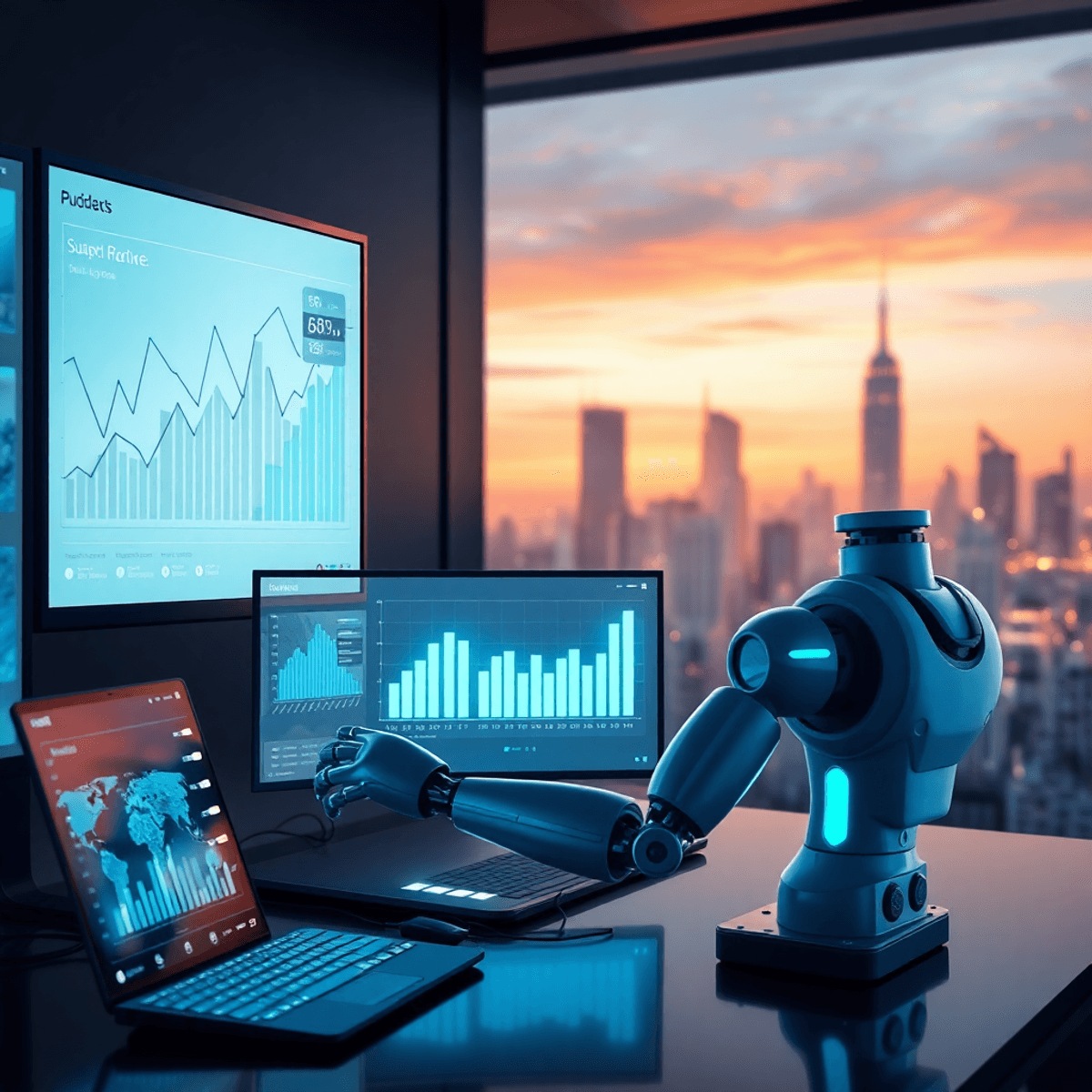 Un espace de travail futuriste avec des écrans transparents affichant des graphiques, un bras robotique ajustant des curseurs, des flux de données lumineux et une vue sur la ville en arrière-plan.