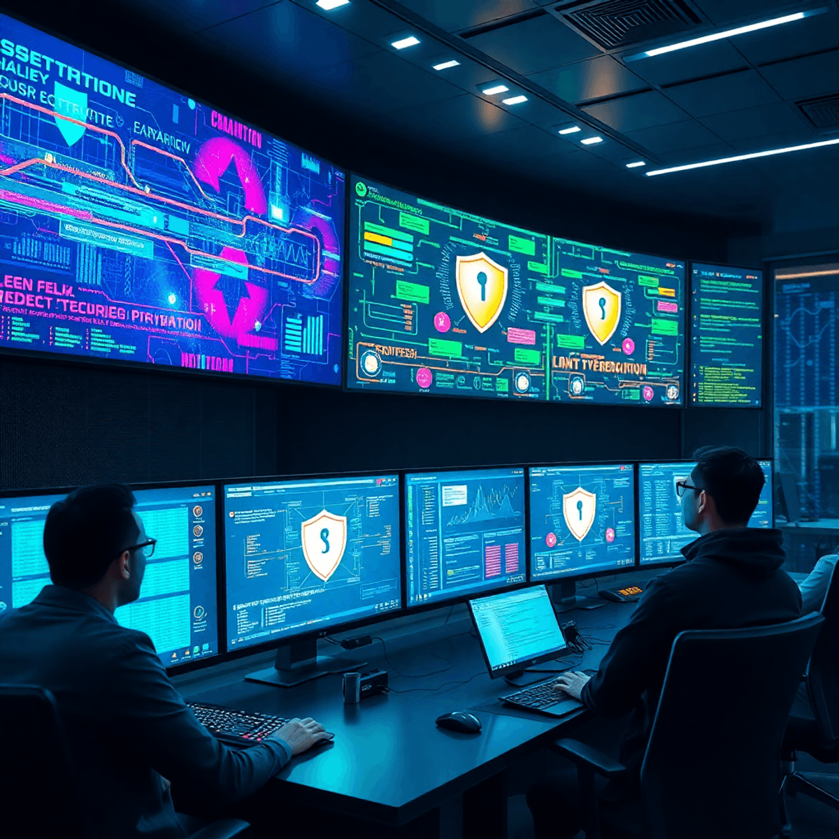 Des professionnels de l’informatique surveillent de grands écrans numériques affichant des flux de données colorés et des icônes de sécurité dans une salle de contrôle de cybersécurité moderne.