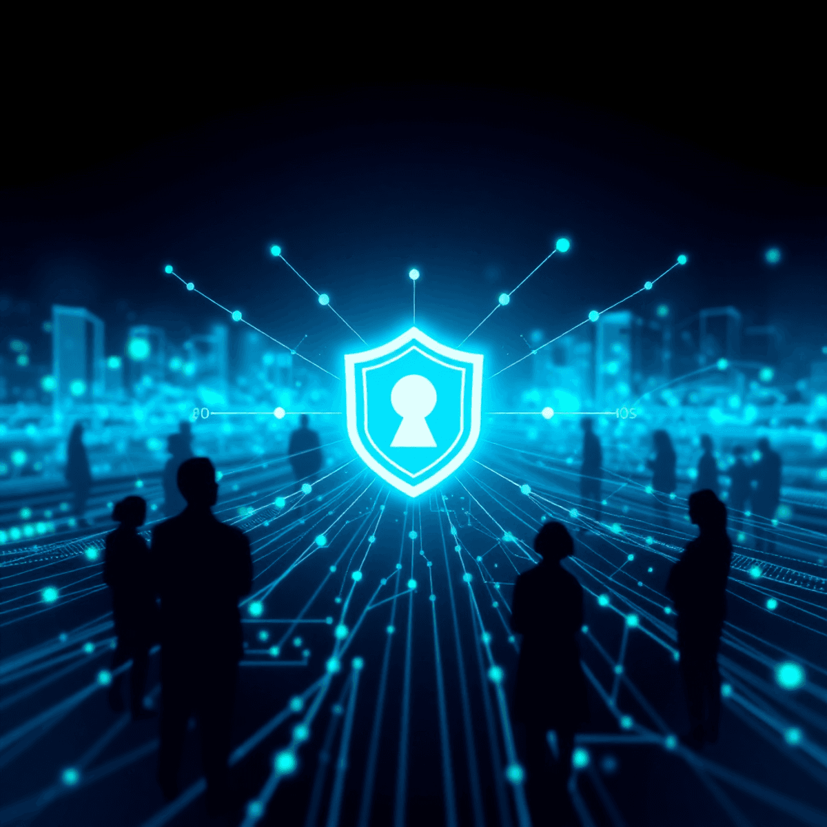 Icône de bouclier lumineux au centre avec des connexions réseau abstraites bleu-vert et des flux de données, silhouettes subtiles de professionnels collaborant en arrière-plan.