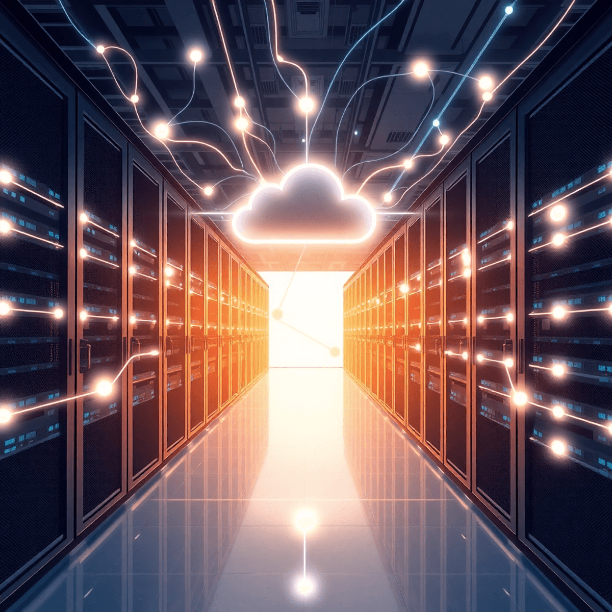 Centre de données moderne avec des lignes et des nœuds numériques lumineux, mettant en valeur des serveurs interconnectés et une infrastructure cloud dans un environnement élégant et futuriste.