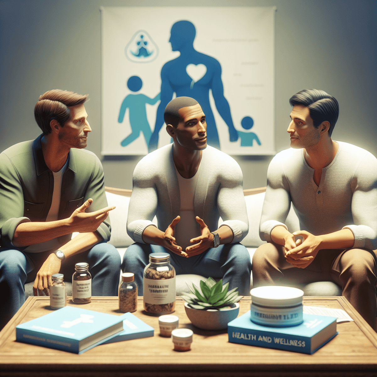 How to Impact of Sperm Motility on Fertility 4 A diverse group of three men engaged in a lively discussion about health and wellness. The Caucasian man, Hispanic man, and Asian man are seated in a cozy, inviting space that fosters a sense of support and openness. On the table in front of them, there are various books about wellness without visible titles, alongside containers of herbal remedies, representing a holistic approach to male fertility. The atmosphere is warm and positive, conveying feelings of hope and mutual support among the men.