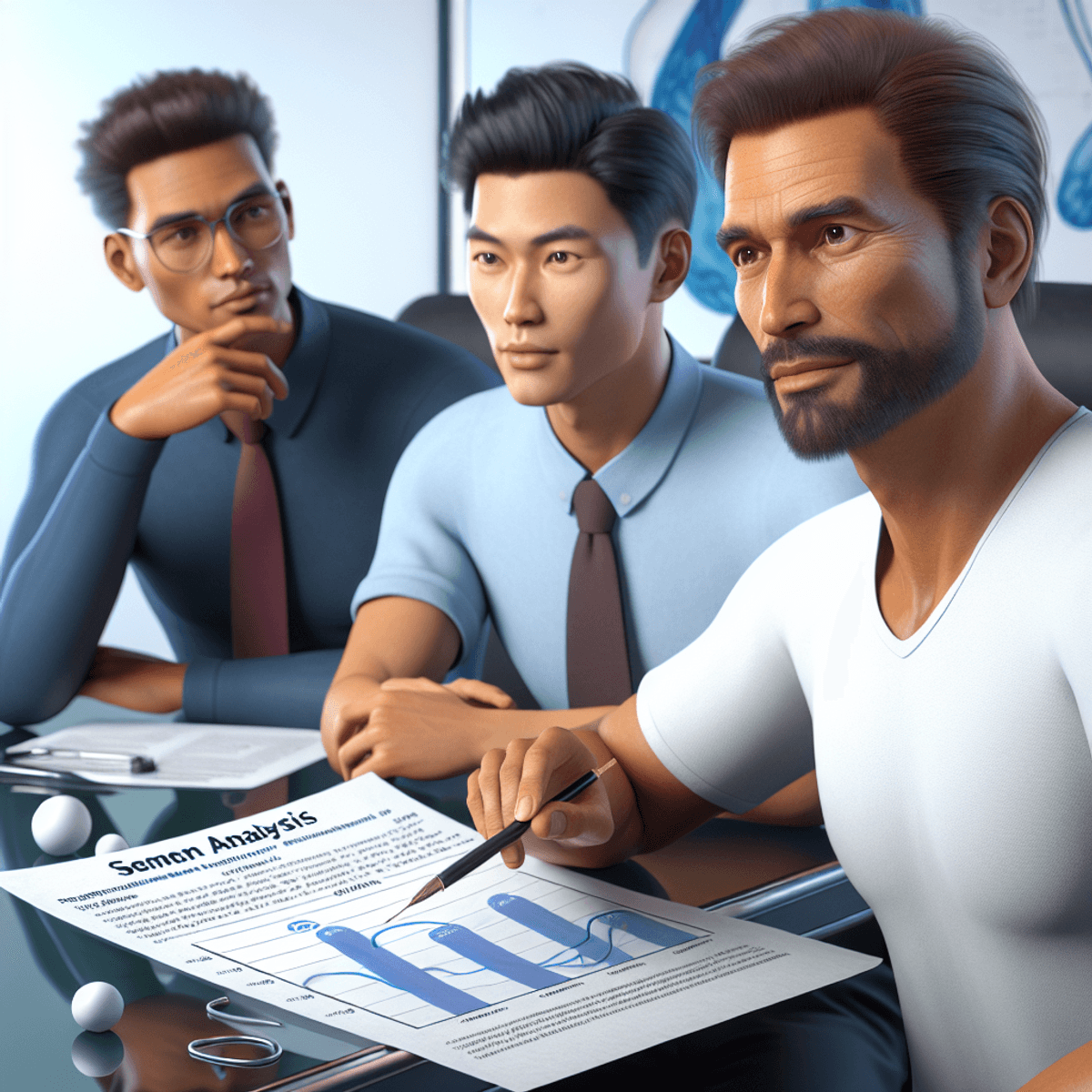 How to Impact of Sperm Motility on Fertility 3 Three males of distinct descents—a Caucasian man, an Asian man, and a Hispanic man—are gathered in a professional medical office, engaged in a serious discussion about fertility health. In the foreground, a report lies on the table featuring a symbolic diagram or graph that illustrates declining statistics related to sperm motility. The expressions of the men reflect concern and determination as they contemplate the implications of the findings.