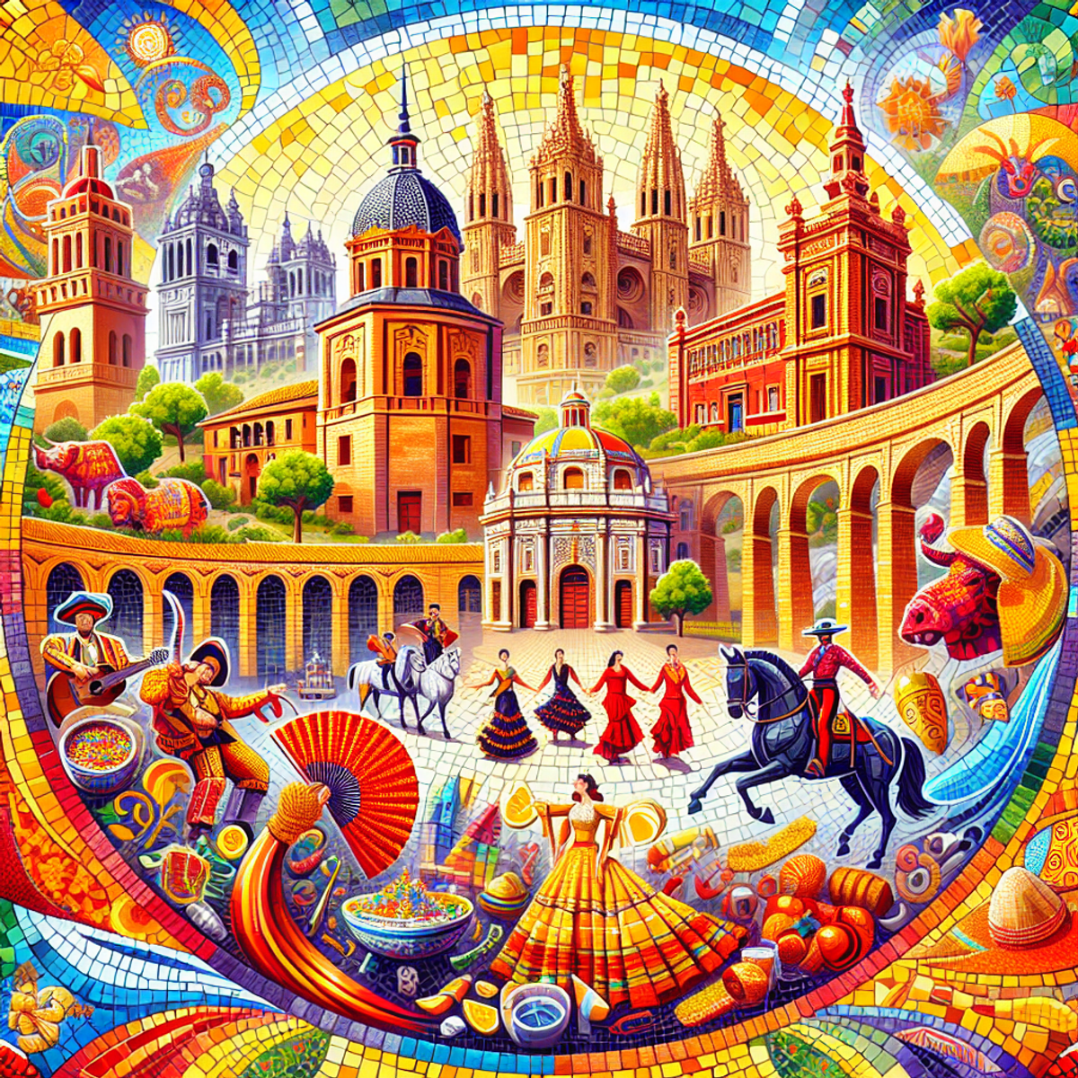 A colorful mosaic depicting iconic Spanish landmarks and symbols of Spanish culture.