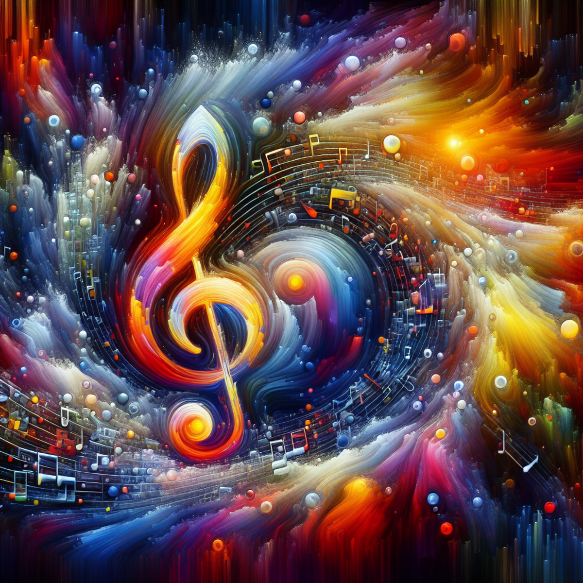 A shining musical note surrounded by abstract shapes in a dynamic and vibrant composition.