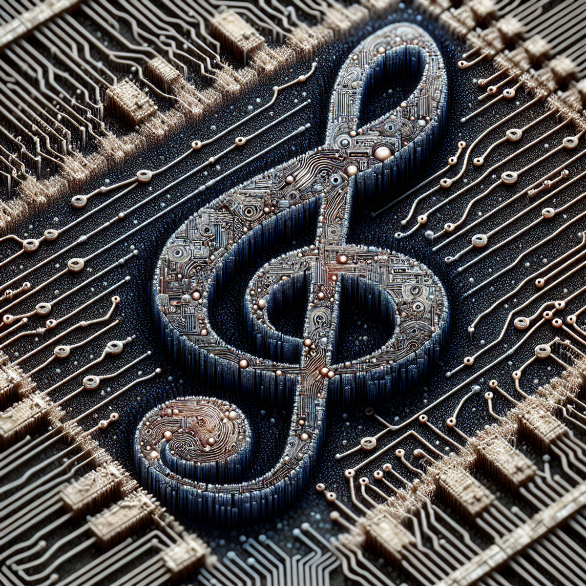 A close-up image of a textured musical note intricately entwined with an elaborate circuit board.