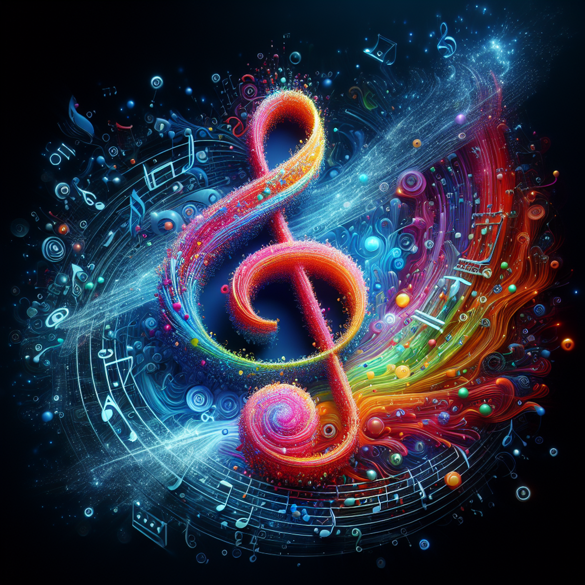 A vibrant, swirling musical note with colorful energy representing innovation in AI music production.